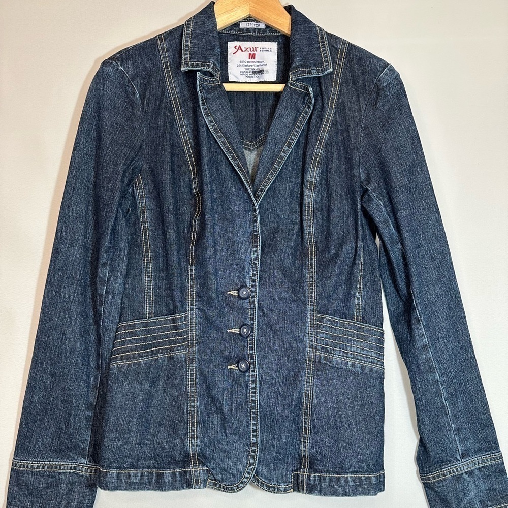 Azur Womens Size M Denim Jacket Blazer Coat Buttons Pockets Stitched Stretchy